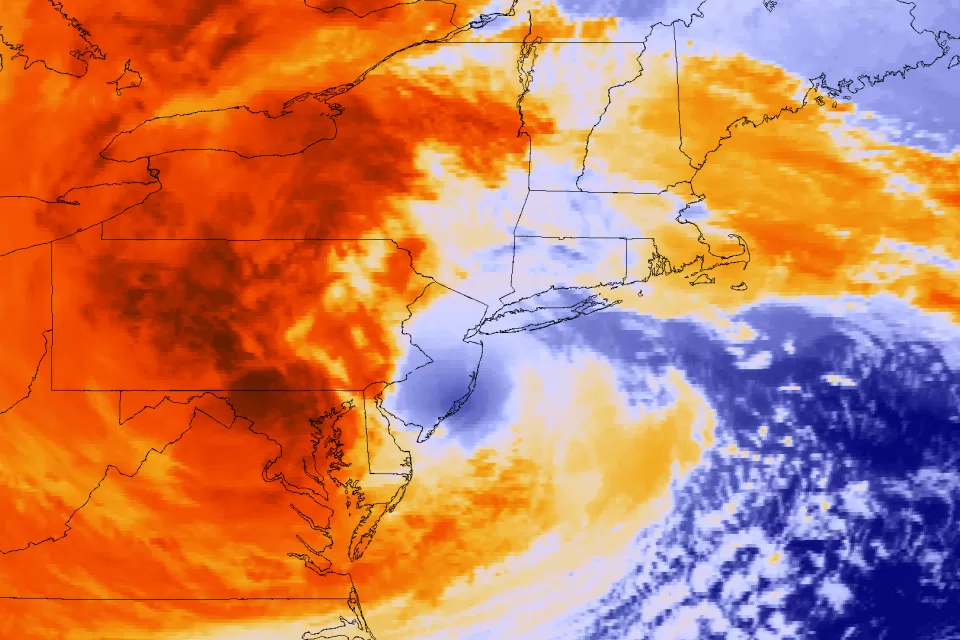 Post-Tropical Cyclone Sandy made landfall at 8pm ET on October 29, 2012 about 5 miles southwest of Atlantic City, NJ, as seen in this NOAA GOES-13 satellite colorized infrared image from the same time.